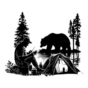 Man Camping with Tent and Bear