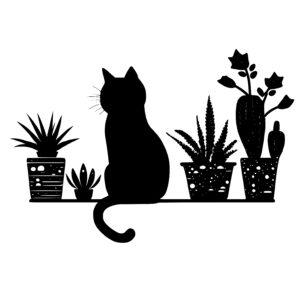 Silhouette of Cat on Shelf with Plants