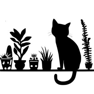 Silhouette of Cat on Shelf with Plants Simple