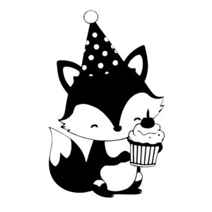 Cute Fox Wearing a Party Hat and Holding a Cupcake