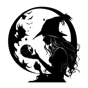Witch with a Magic Crystal Ball and Full Moon