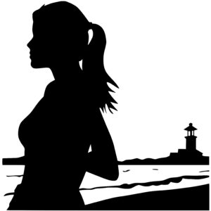 Girl on Beach with Lighthouse