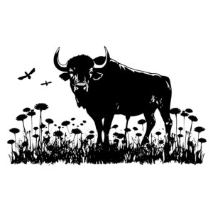 Bull Grazing in Flower Field