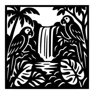 Parrots by the Waterfall