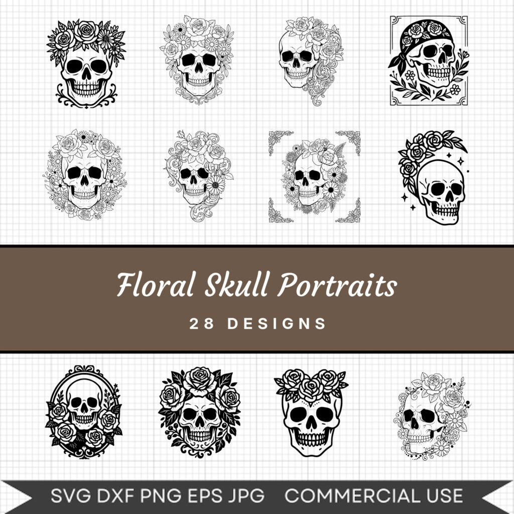 Floral Skull Portraits – 28 Instant Download Svg Images