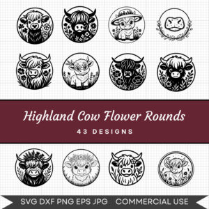 Highland Cow Flower Rounds – 43 Instant Download Svg Images
