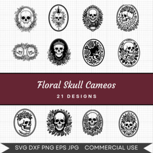 Floral Skull Cameos – 21 Instant Download Svg Images