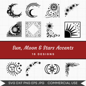 Sun, Moon & Stars Accents – 16 Instant Download Svg Images