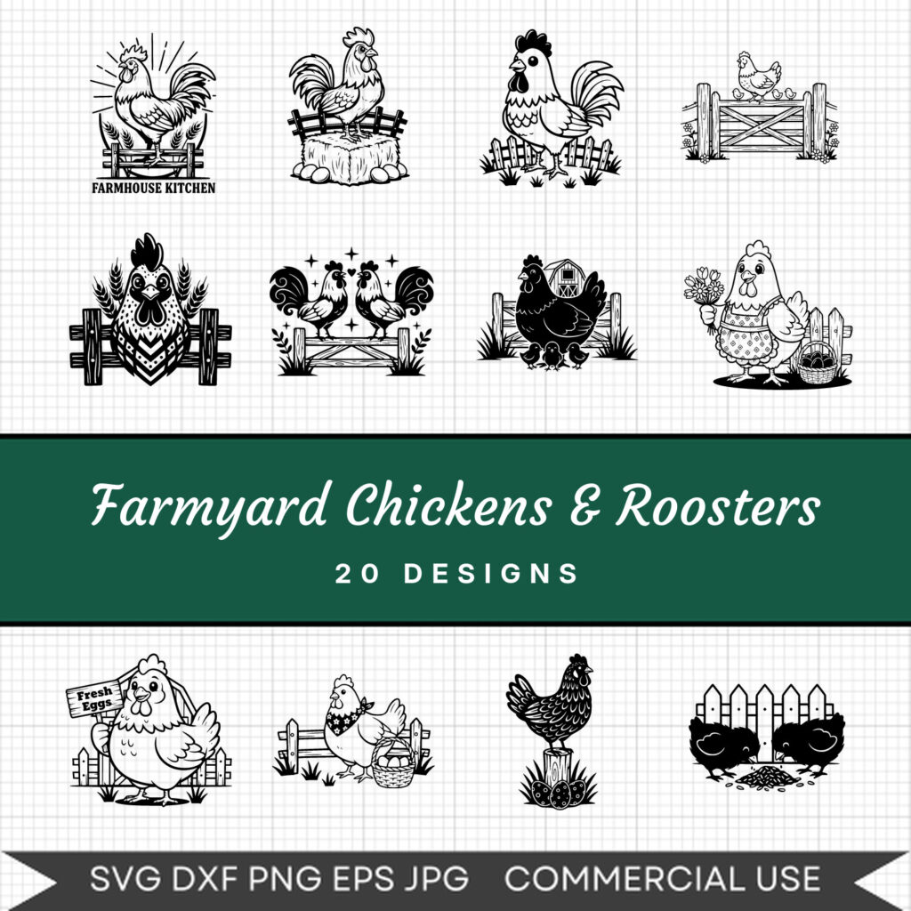 Farmyard Chickens & Roosters – 20 Instant Download Svg Images
