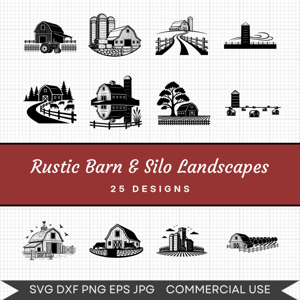 Rustic Barn & Silo Landscapes – 25 Instant Download Svg Images
