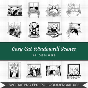 Cozy Cat Windowsill Scenes – 14 Instant Download Svg Images