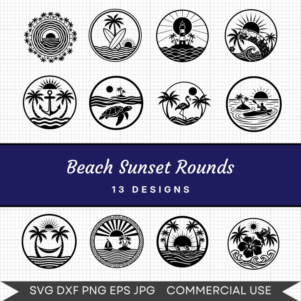 Beach Sunset Rounds – 13 Instant Download Svg Images